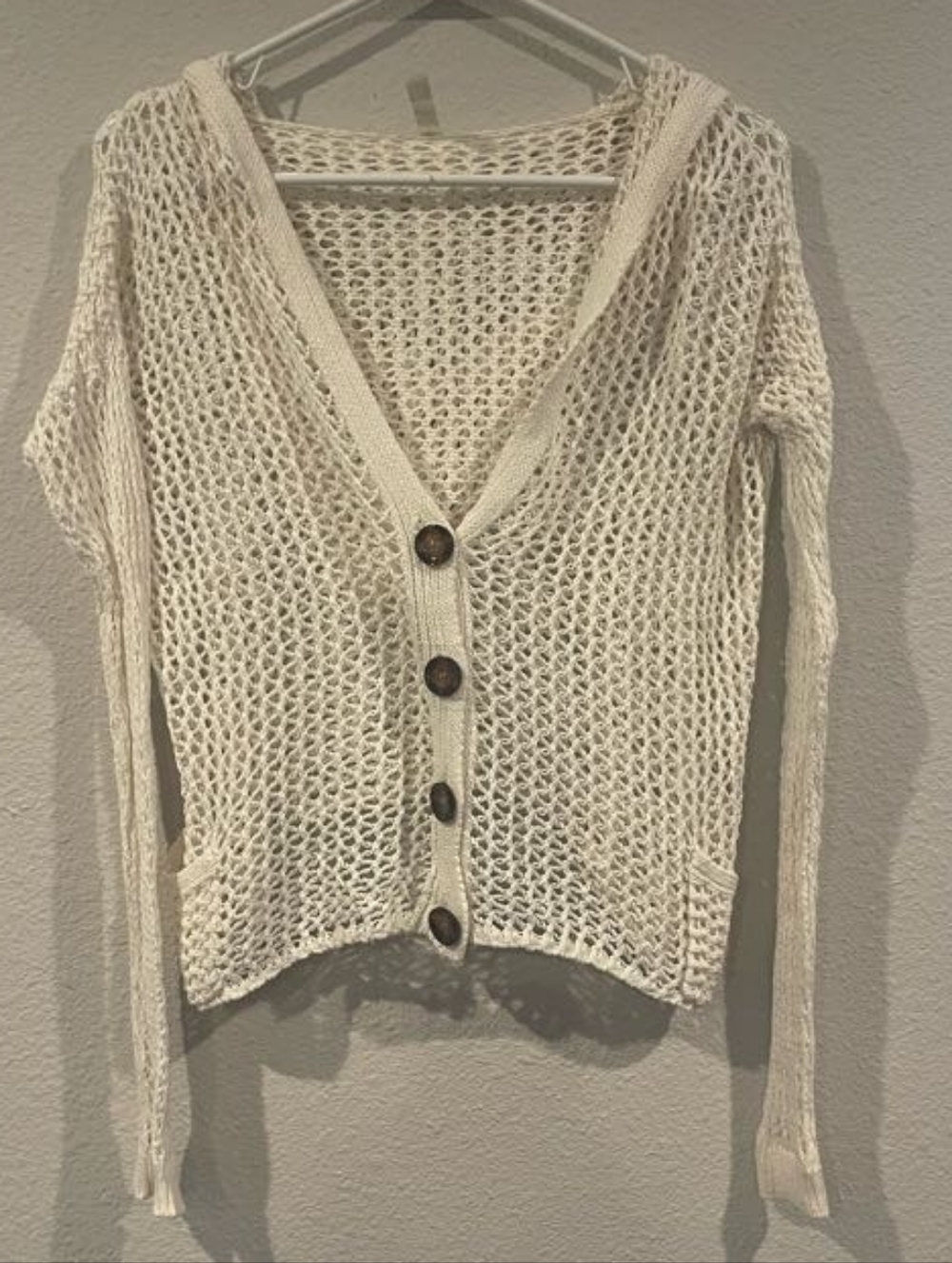 Elan Anthropologie Womens White Crochet 100% Cotton Hoodie Cardigan Sweater SM